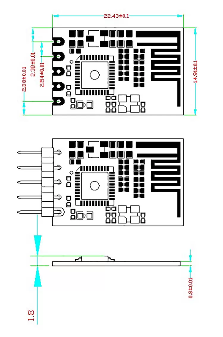 Dimensions mécaniques du module BLE 4.0 UART BLE RF2541 Dimensions mécaniques du module BLE 4.0 UART BLE RF2541