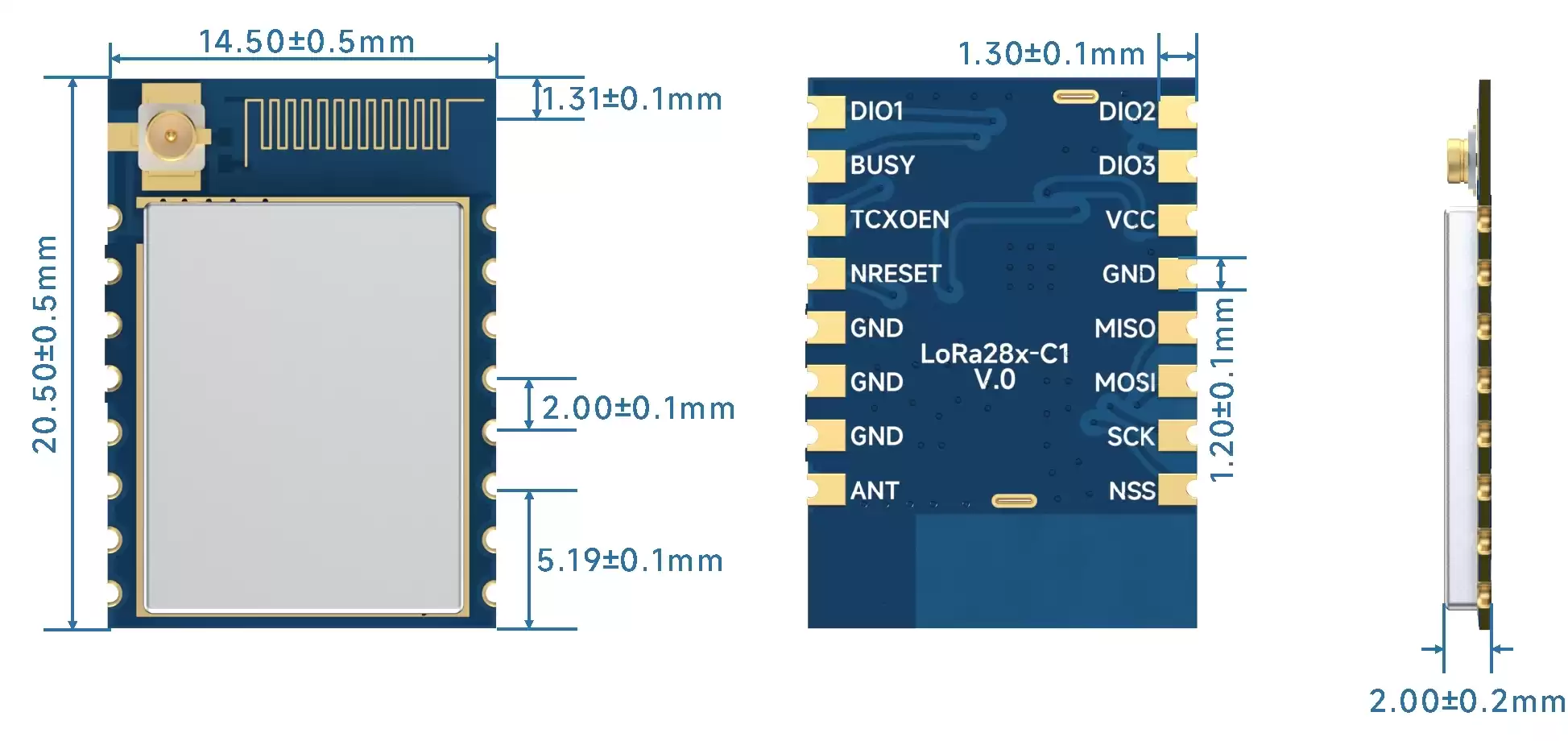 Dimensions mécaniques du module émetteur-récepteur sans fil LoRa 2,4 GHz LoRa128X-C1.