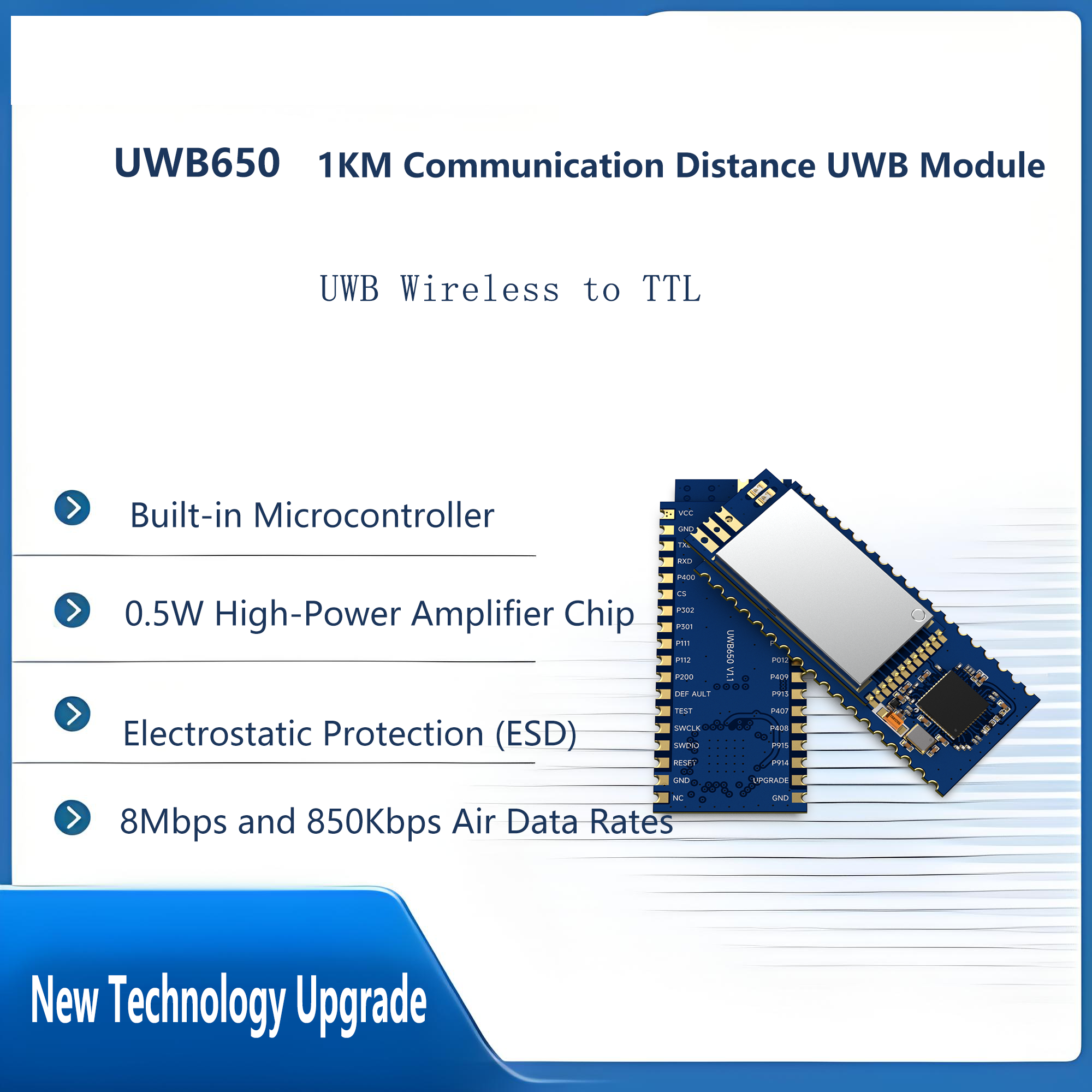 Positionnement précis et mesure de distance : le module UWB650 intègre une puissance élevée et une haute précision pour répondre à divers besoins de communication sans fil.