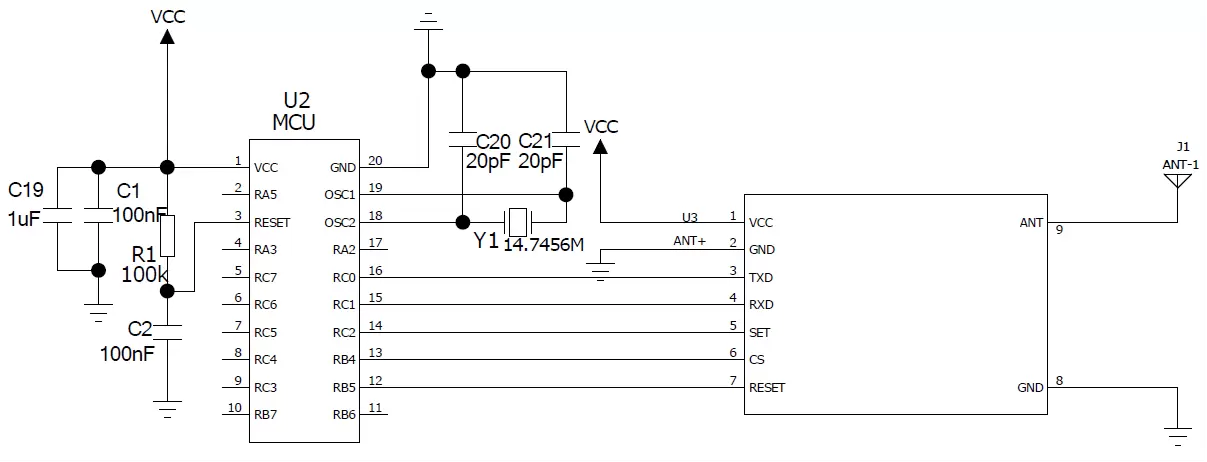 Circuit d'application du module de port série sans fil ANT+ RF51422