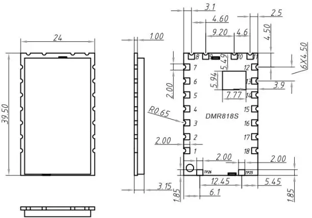 Dimensions mécaniques du module talkie-walkie DMR DMR818S-U.