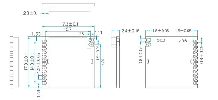 Dimensions mécaniques du module émetteur-récepteur RF certifié CE-RED RF4432PRO Dimensions mécaniques du module émetteur-récepteur RF certifié CE-RED RF4432PRO