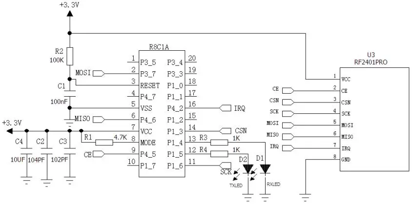 Circuit d'application du module RF 2,4 GHz RF2401Pro