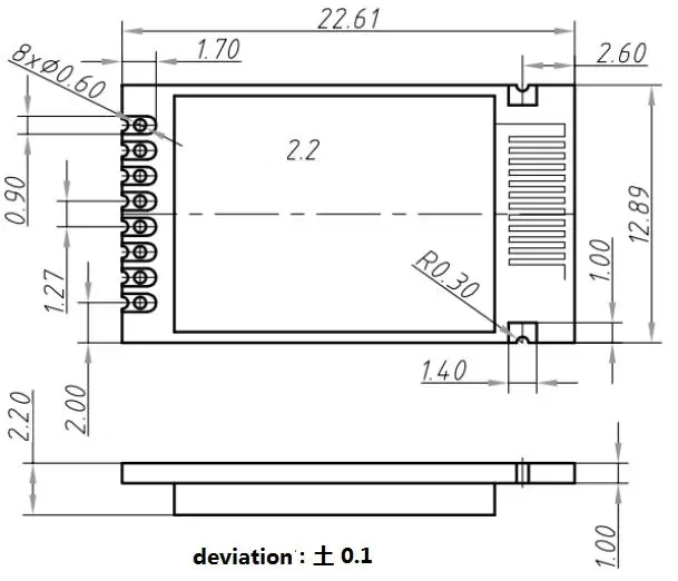 Dimensions mécaniques du module RF 2,4 GHz RF2401Pro
