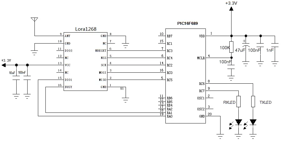 Circuit d'application du module sans fil LoRa1268. Circuit d'application du module sans fil LoRa1268.