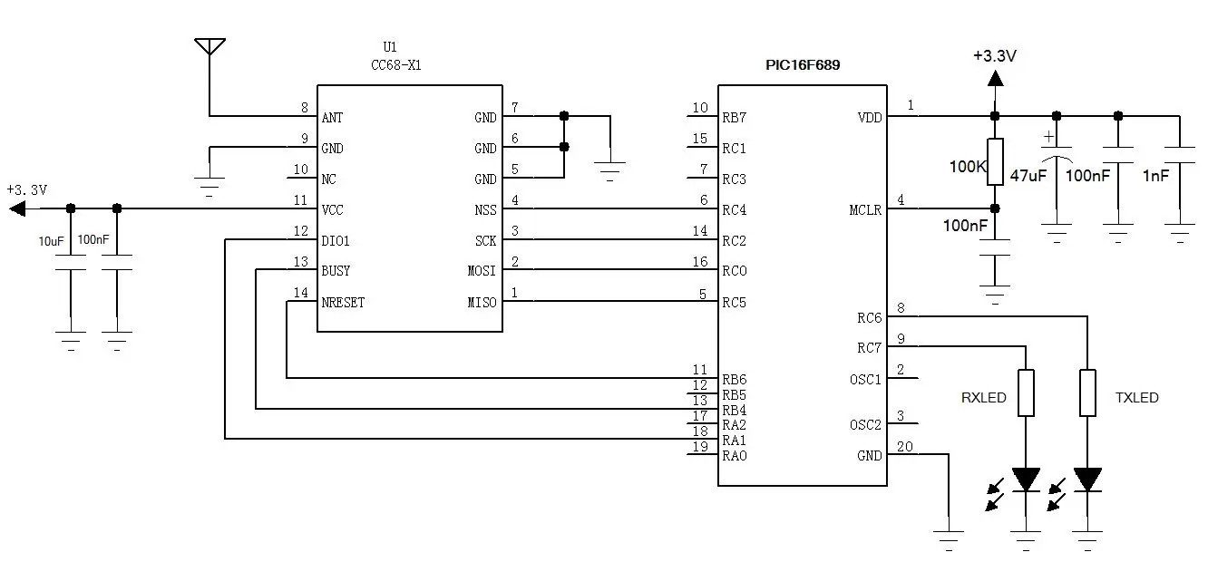 Circuit d'application du module sans fil LoRa-CC68-X1.