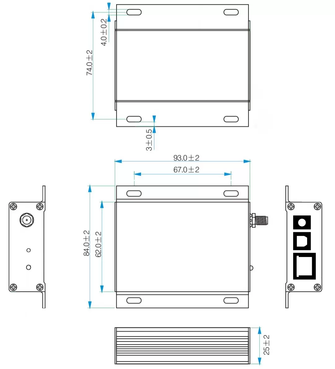 Dimensions mécaniques de la passerelle de surveillance des capteurs IoT IOT-G010