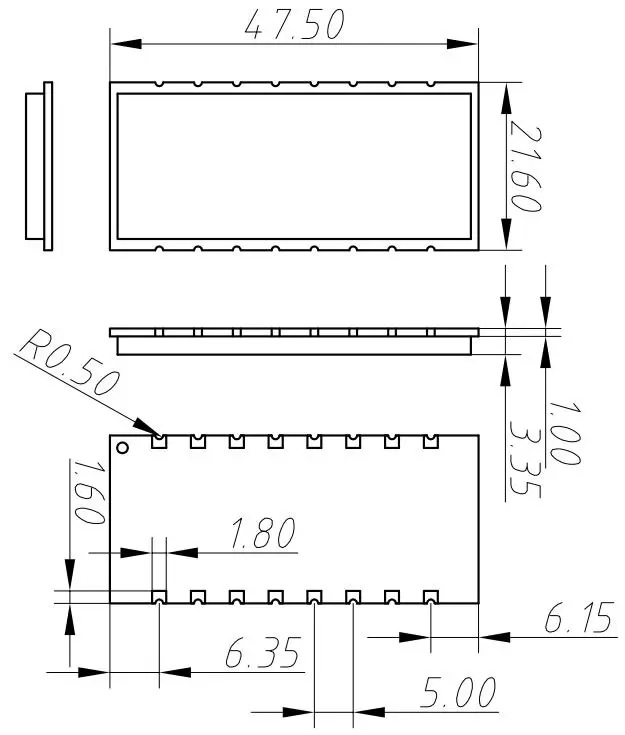 Dimensions mécaniques du module émetteur-récepteur RF UART SV650 Dimensions mécaniques du module émetteur-récepteur RF UART SV650