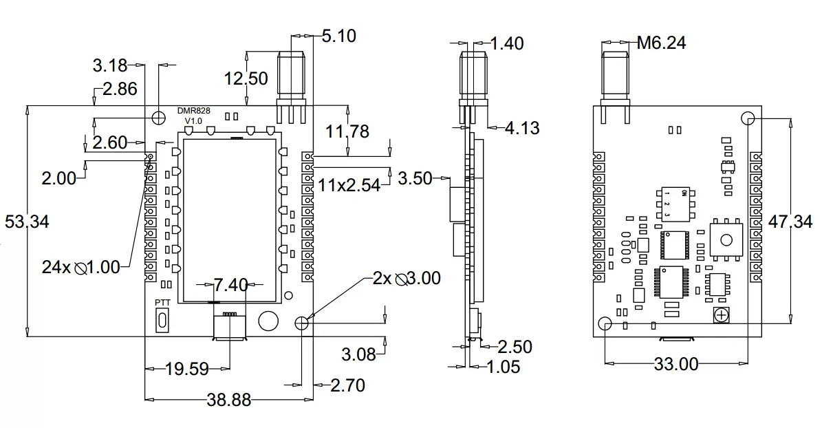 Dimensions mécaniques du module sans fil DMR828S.