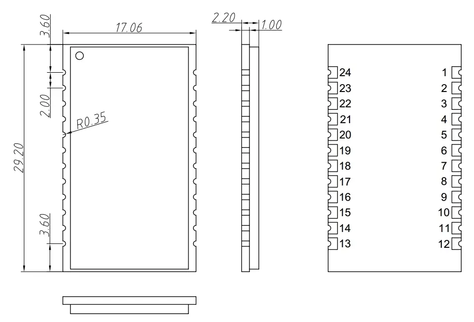 Dimensions mécaniques du module de nœud de passerelle LoRaWan LN610 Dimensions mécaniques du module de nœud de passerelle LoRaWan LN610