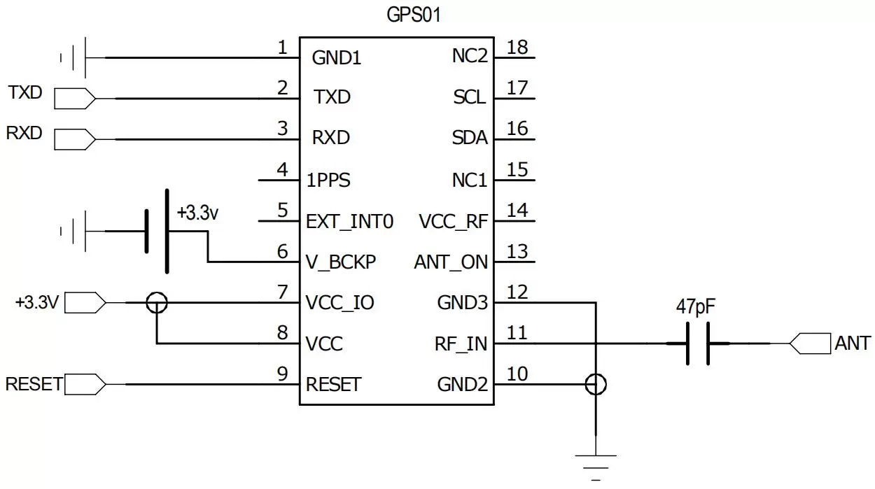 Schéma de connexion du circuit d'application du module GPS antenne passive GPS01
