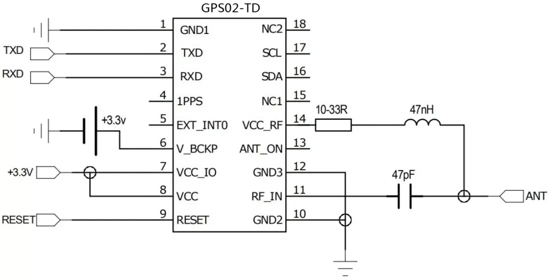 Schéma de connexion du circuit de l'antenne active du module GPS GPS02-TD