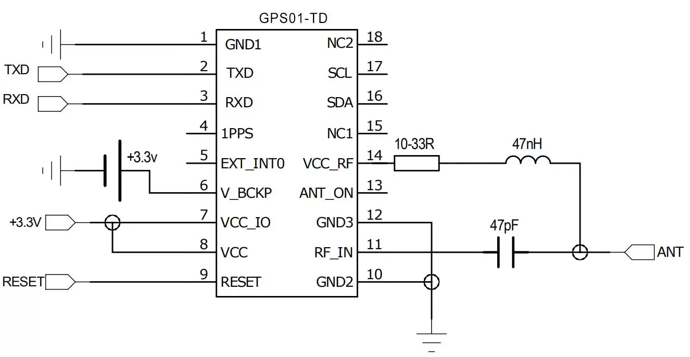 Schéma de connexion du circuit d'application de l'antenne active du module GPS GPS01-ZK