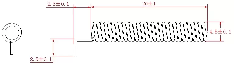 Dimensions de l'antenne à ressort en cuivre 315 MHz avec tube noir SW315-TH20 Dimensions de l'antenne à ressort en cuivre 315 MHz avec tube noir SW315-TH20