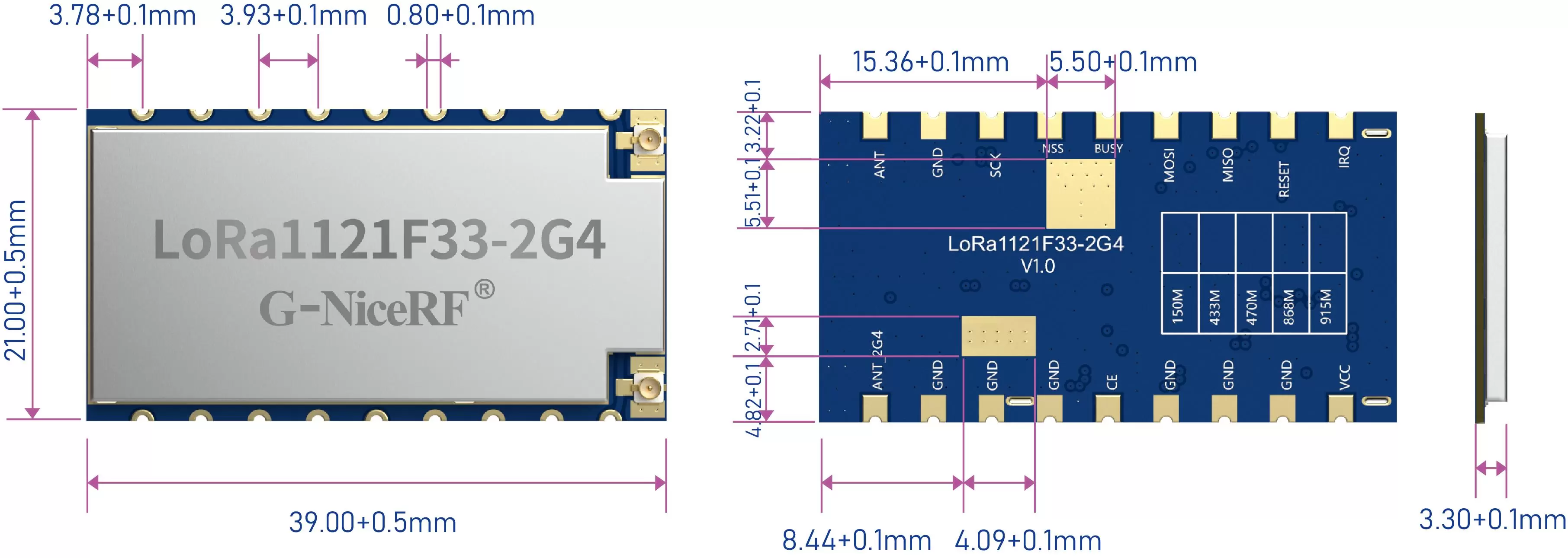 Diagramme des dimensions du module LoRa1121F33-2G4 LR1121