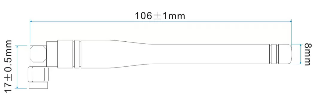 Dimensions de l'antenne à tige coudée SW433-WT100 Dimensions de l'antenne à tige coudée SW433-WT100