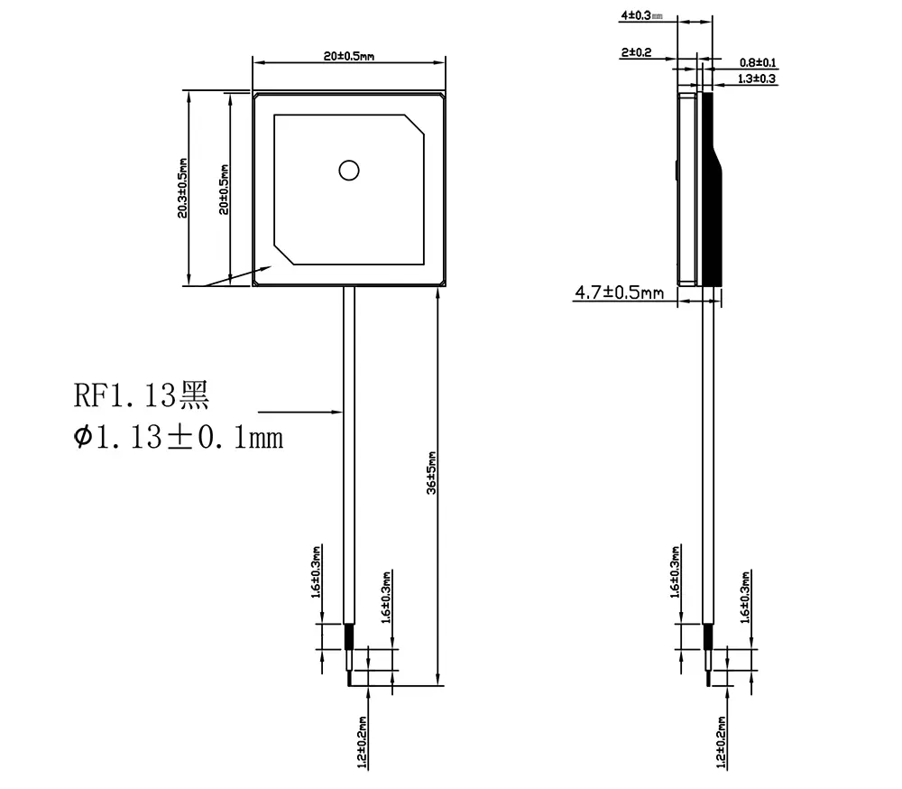 Dimensions mécaniques de l'antenne active GPS AGPS20A-36C