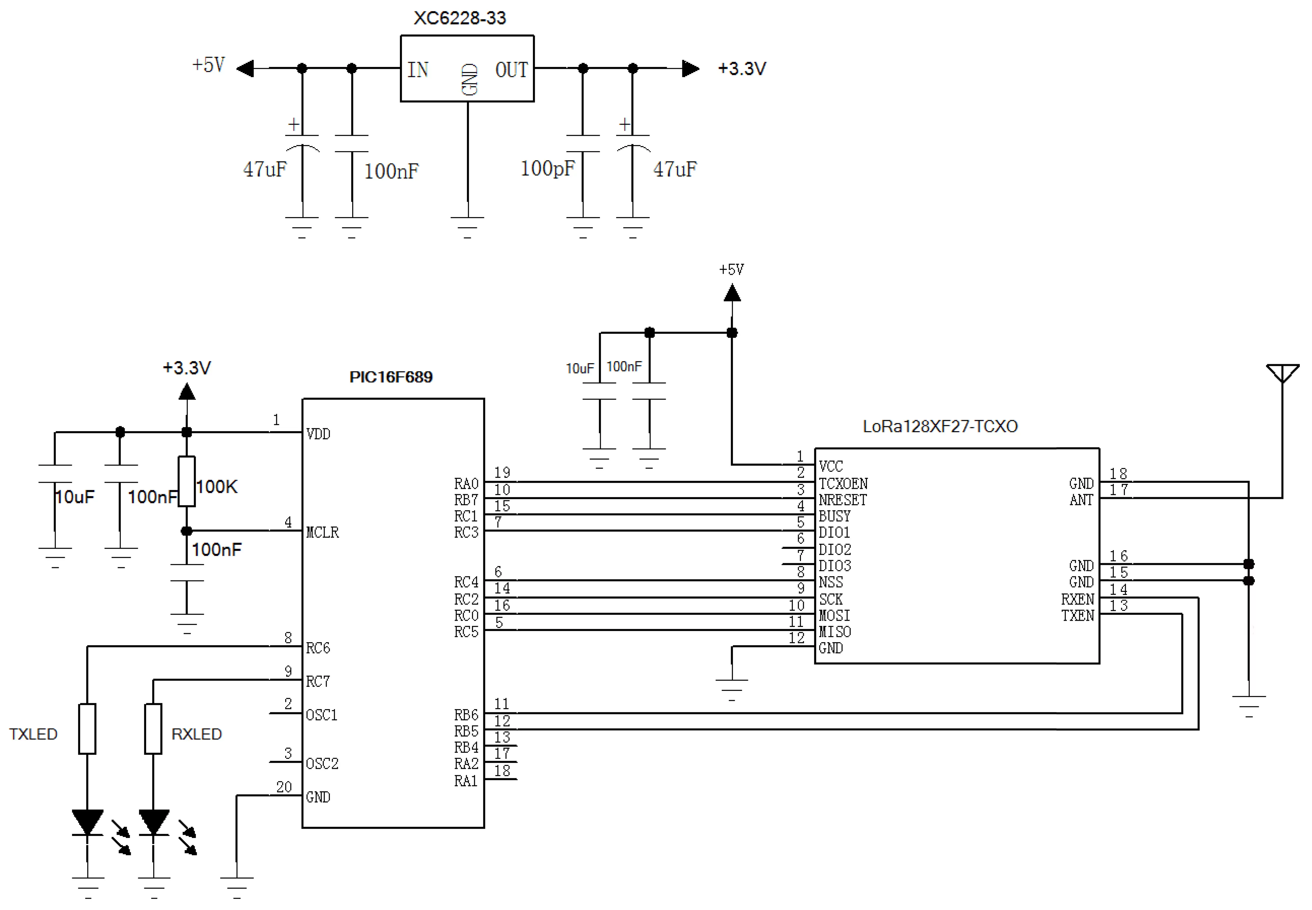 Circuit d'application du module RF sans fil LoRa1280F27-TCXO