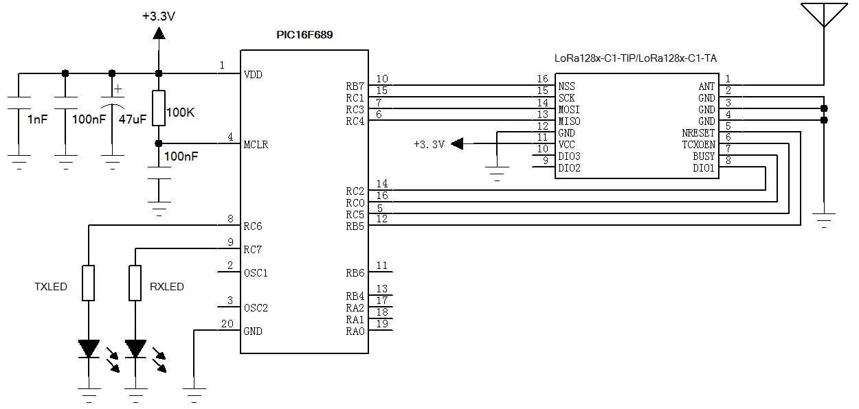 Circuit d'application du module émetteur-récepteur sans fil LoRa 2,4 GHz LoRa128X-C1-TIP/LoRa128X-C1-TA pour une connectivité longue portée.