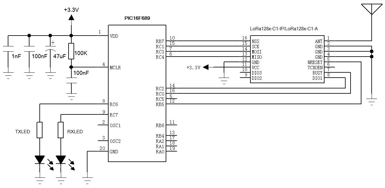 Circuit d'application du module émetteur-récepteur sans fil LoRa 2,4 GHz LoRa128X-C1-IP/LoRa128X-C1-A pour une connectivité longue portée.