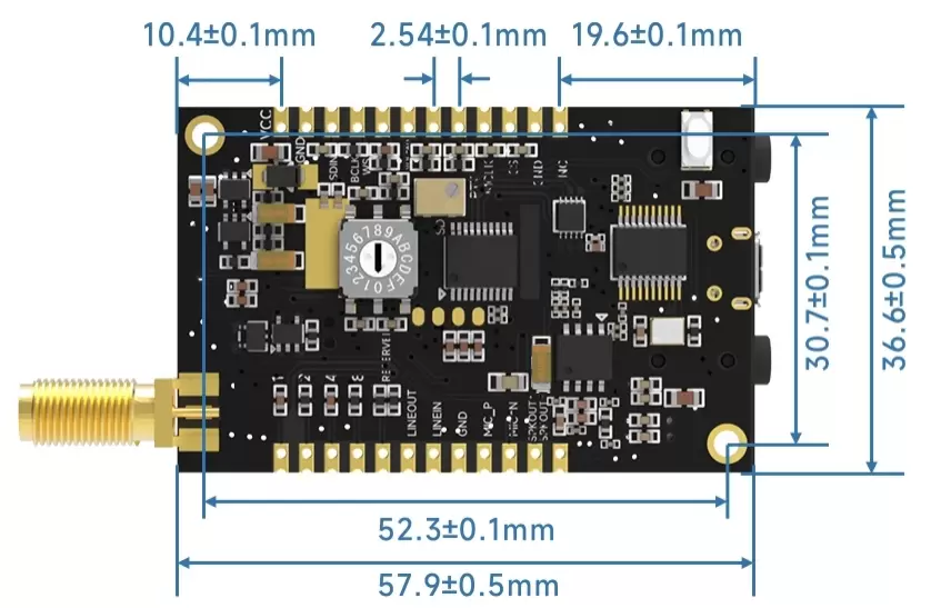 Dimensions mécaniques du module audio sans fil SA628F30.
