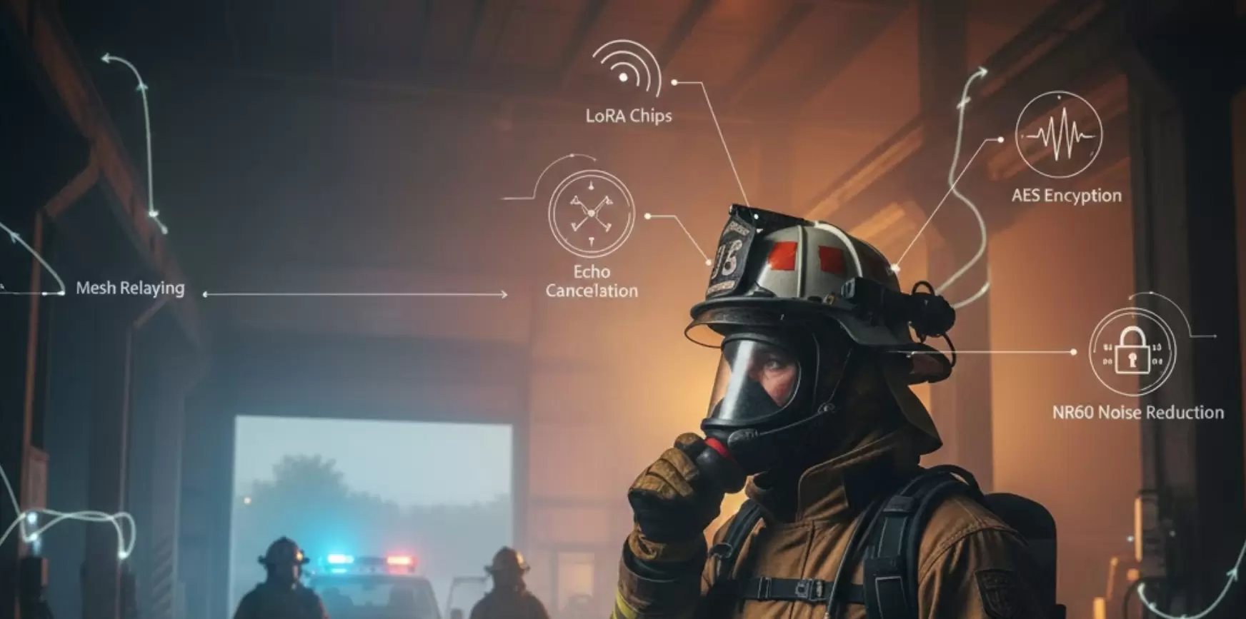 Schéma illustrant les technologies de communication utilisées par les pompiers, telles que Mesh, AES et LoRa.