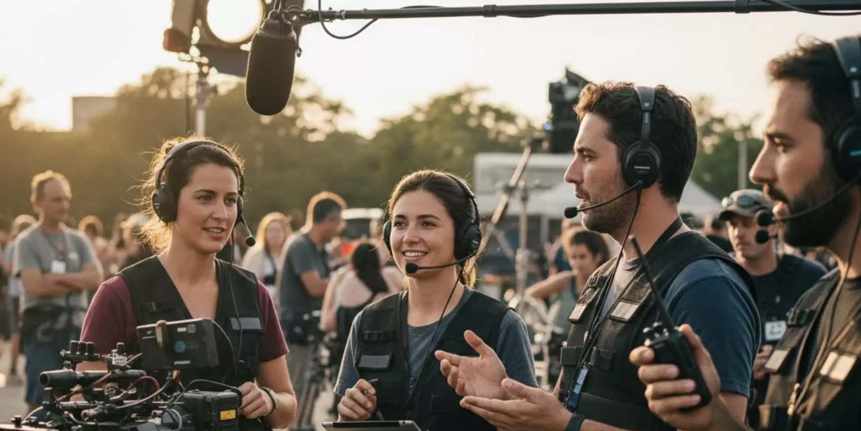 L'équipe de tournage utilise des casques audio duplex intégral pour la coordination.