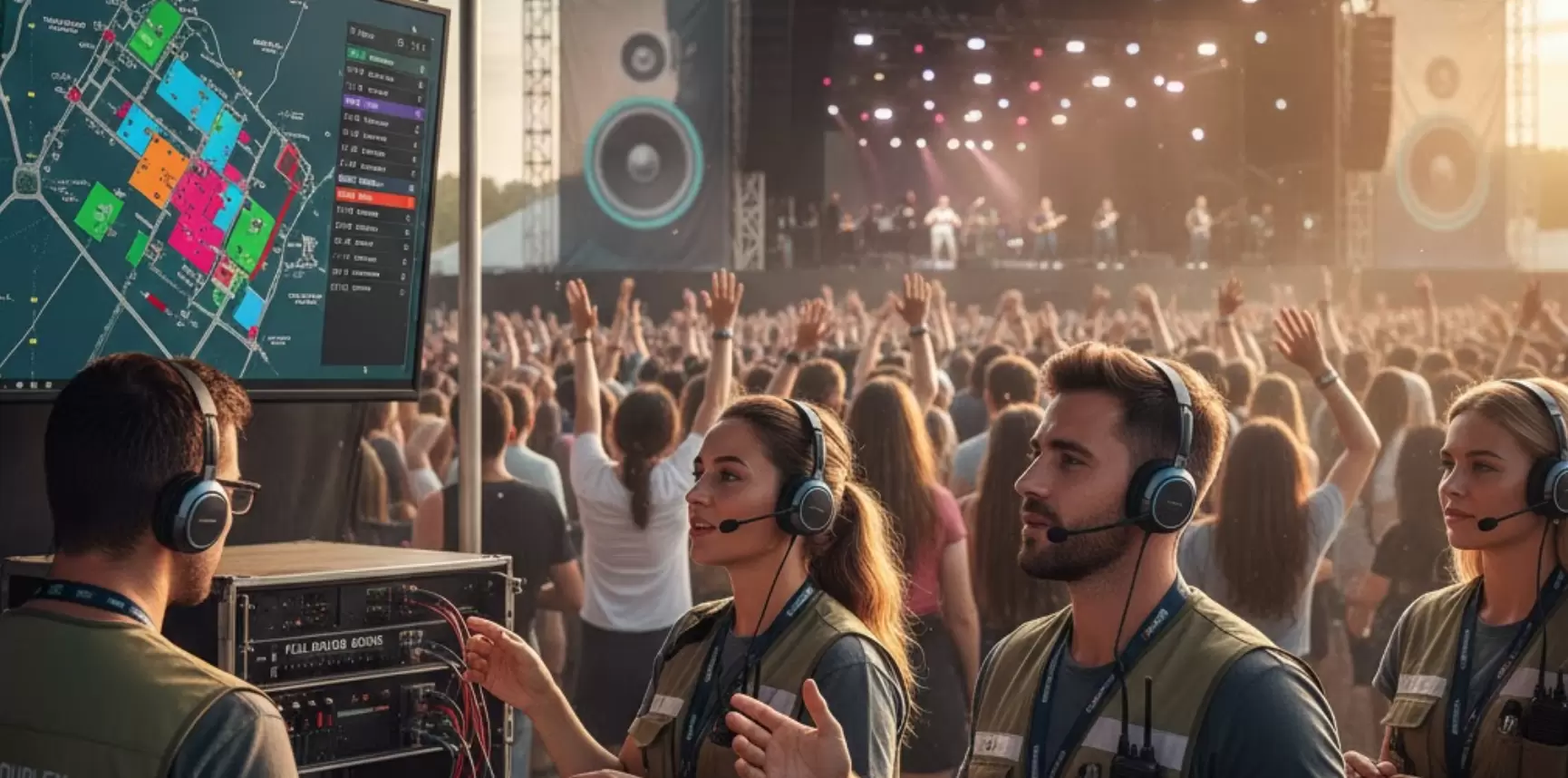 Personnel événementiel coordonnant ses actions lors d'un concert avec des casques audio duplex intégral.
