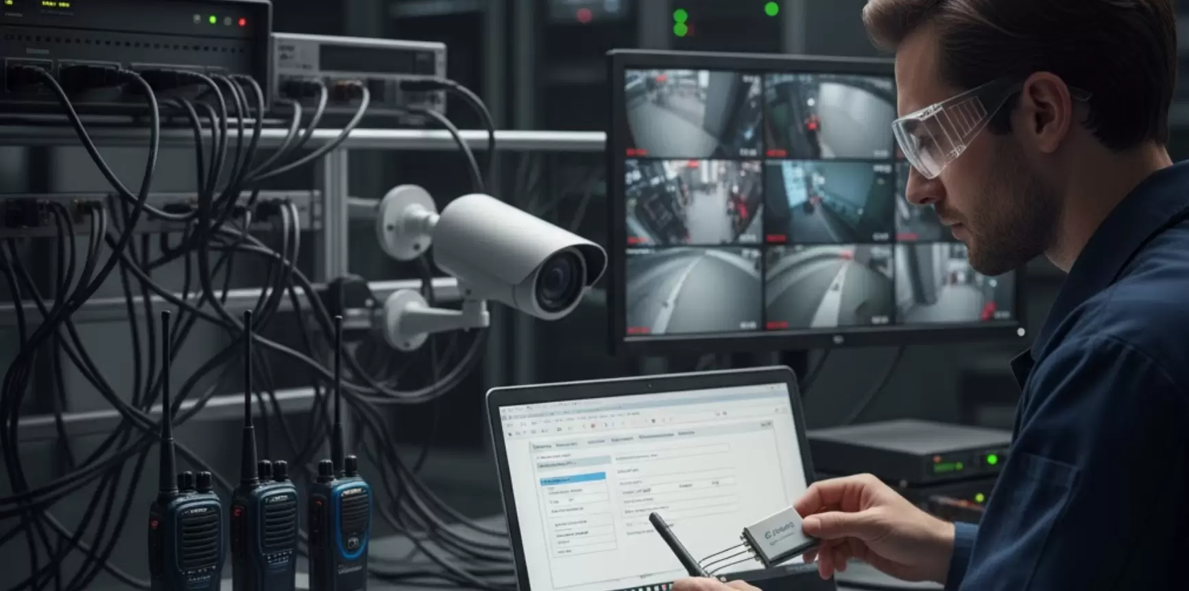 Technicien intégrant des modules audio duplex intégral à un système de vidéosurveillance.