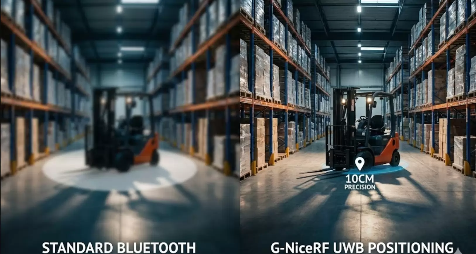 Comparaison en écran partagé du suivi Bluetooth imprécis avec le suivi précis G-NiceRF UWB.