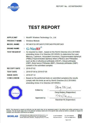 Module RF 2,4 GHz Les modules de la série RF2401 ont obtenu la certification RoHS