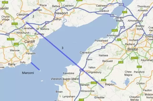 Le site de Cardiff pour le test de connexion de 40 kilomètres est situé au nord de la ville (264 mètres au-dessus du niveau de la mer), et l'autre extrémité de la ligne de mire de 40 kilomètres est le Black Down de Mendips (325 mètres au-dessus du niveau de la mer). de l'autre côté du Bristol Passage.