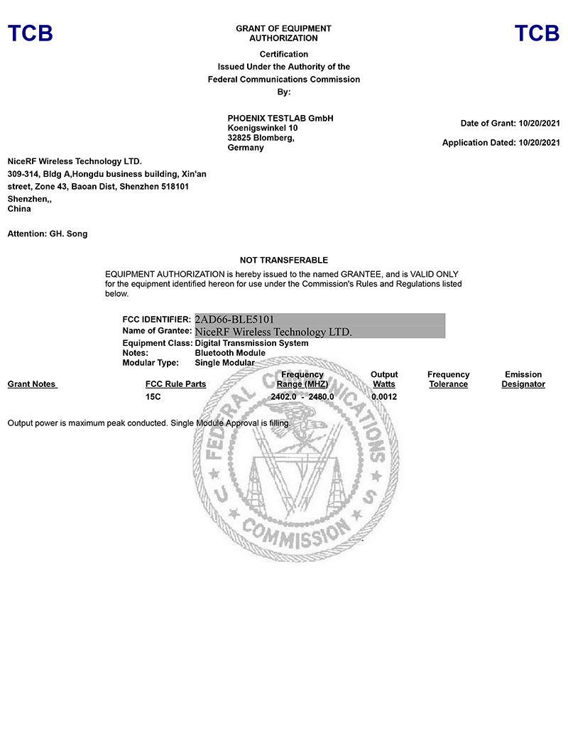 Module BLE BLE 5101 Certification d'identification FCC