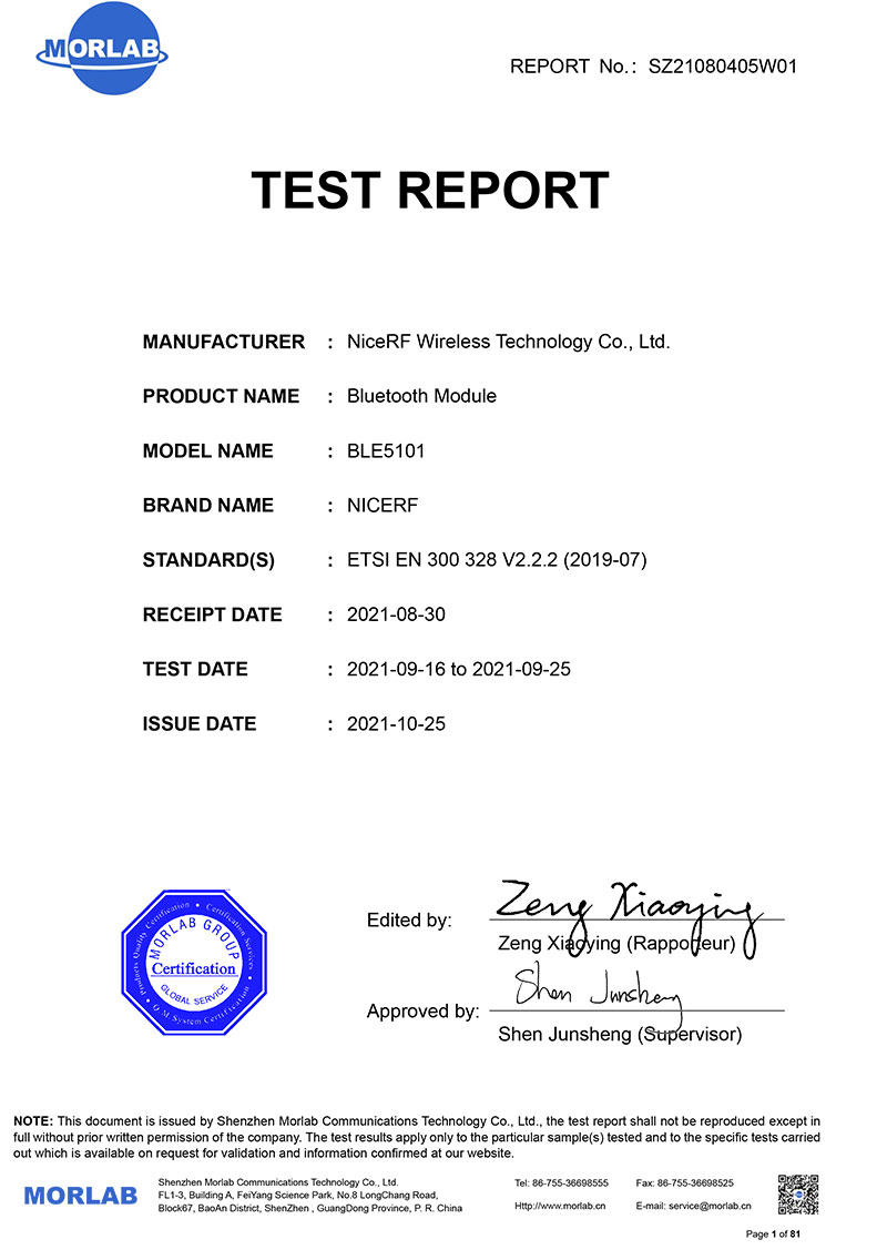 Module BLE BLE 5101 Certification CE