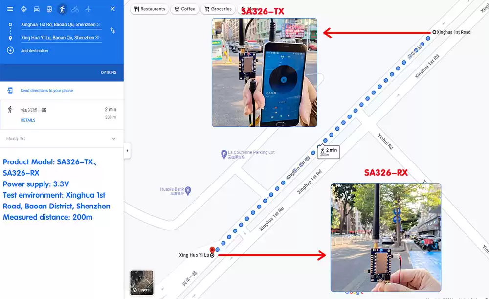 Test à 200 m : état de communication du module audio sans fil SA326-TX et SA326-RX