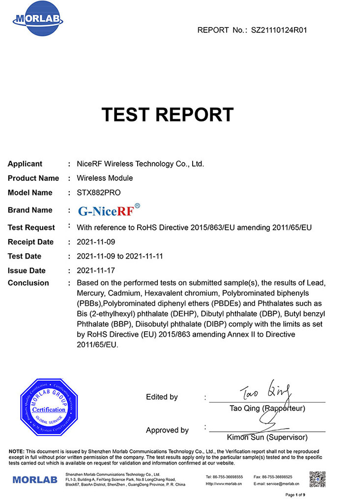 NiceRF a obtenu le certificat ROHS pour son nouveau module émetteur ASK STX882Pro