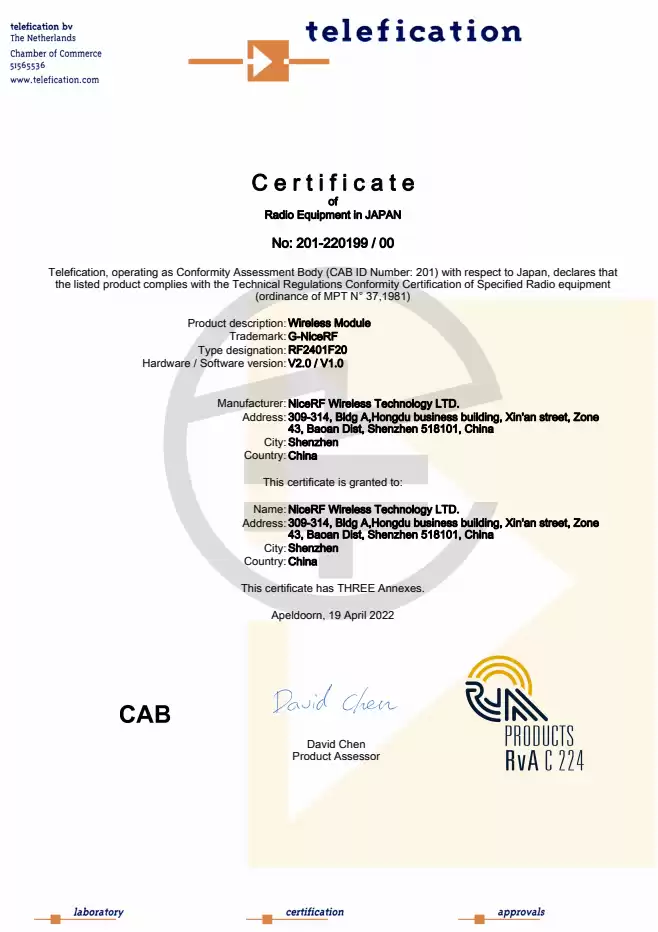 Le module RF 2,4 GHz RF2401F20 passe la certification TELEC