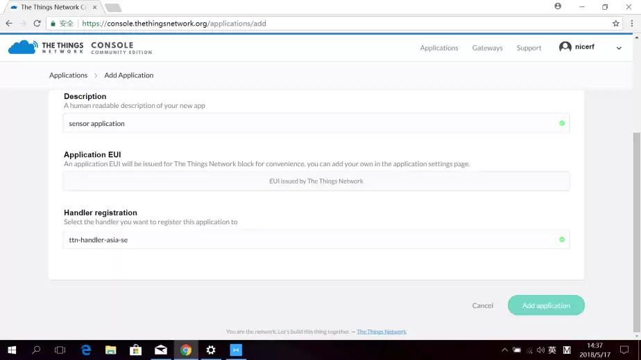 Sélectionnez l'enregistrement du gestionnaire comme configuration de votre passerelle et cliquez sur Ajouter une application.