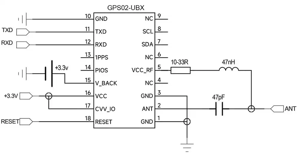 Schéma de connexion du circuit d'application du module GPS GPS02-UBX antenne active