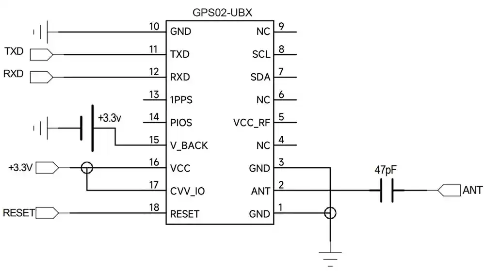 Schéma de connexion du circuit d'application du module GPS antenne passive GPS02-UBX