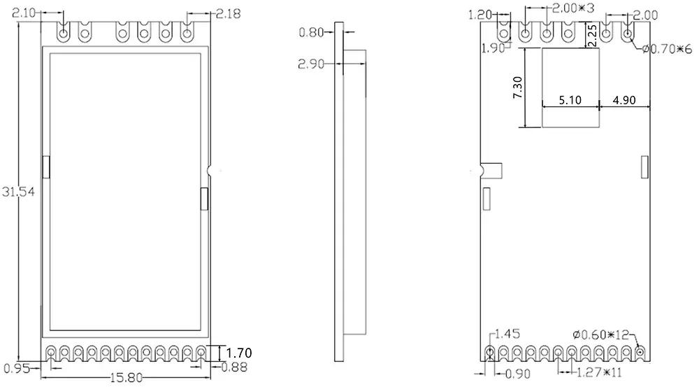 Dimensions mécaniques du module LoRa SX1280 LoRa1280F27