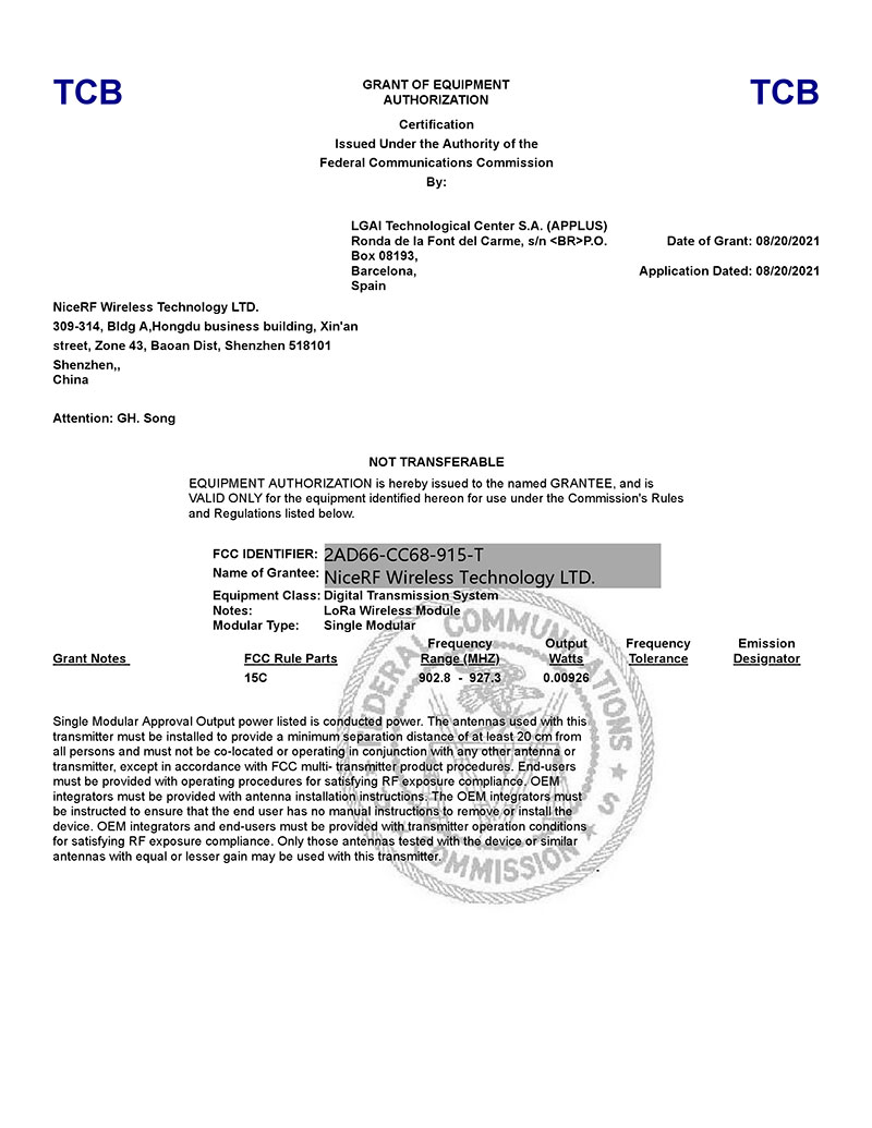 Module LoRaCertification LoRa-CC68-915-TCXO-FCC