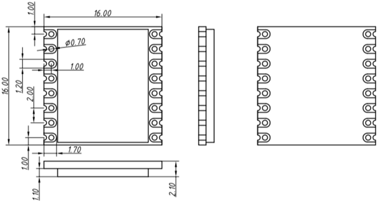 Dimensions mécaniques du module émetteur et récepteur 2,4 GHz LoRa1280-TCXO