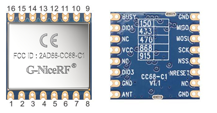 Broches du module LLCC68 LoRa CC68-C1