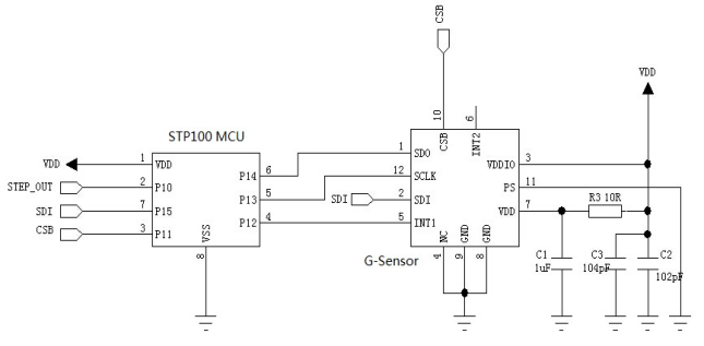 Circuit d'application typique de la puce de podomètre 3D STP100 Circuit d'application typique de la puce de podomètre 3D STP100