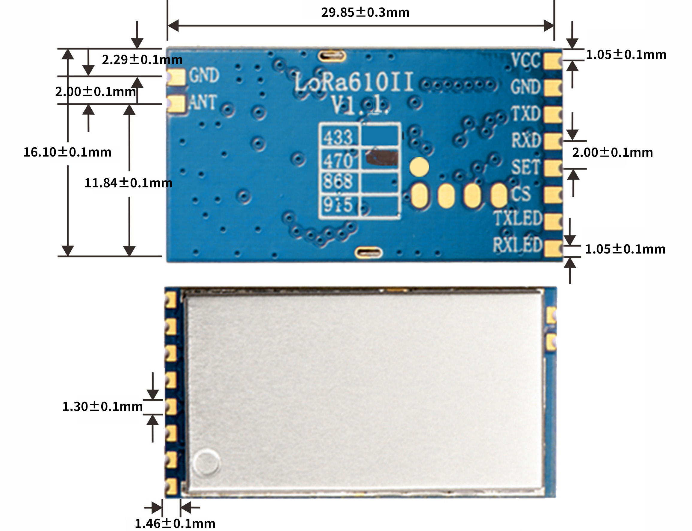 Dimensions mécaniques du module LoRa LoRa610II