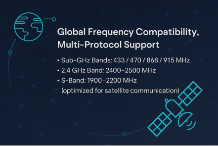 Infographie mettant en évidence la compatibilité de fréquence mondiale du module LoRa1121, répertoriant ses capacités de communication par satellite Sub-GHz, 2,4 GHz et bande S.