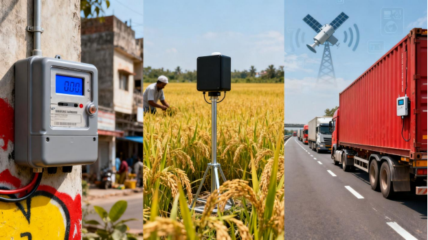 Applications pratiques de LoRa en Inde, avec un compteur intelligent dans une ville, un capteur de sol dans un champ et un suivi logistique sur une autoroute.