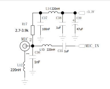 Schéma de circuit d'un étage d'entrée de microphone (MIC) avec un filtre à trois étages (réseau LC) conçu pour supprimer le bruit TDD.