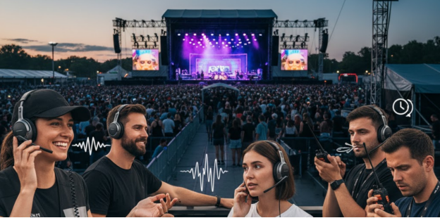 Personnel événementiel utilisant des casques audio duplex intégral lors d'un concert bondé.